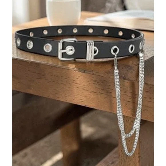 Grommet Leather Belt Detachable Chain Women Men Punk Rock Waist Belts for Pants - Picture 3 of 7